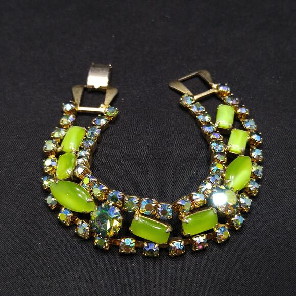 Mid-Century Green Blue AB Rhinestone Bracelet, Aurora Borealis, 1950s Vintage - Picture 10 of 10